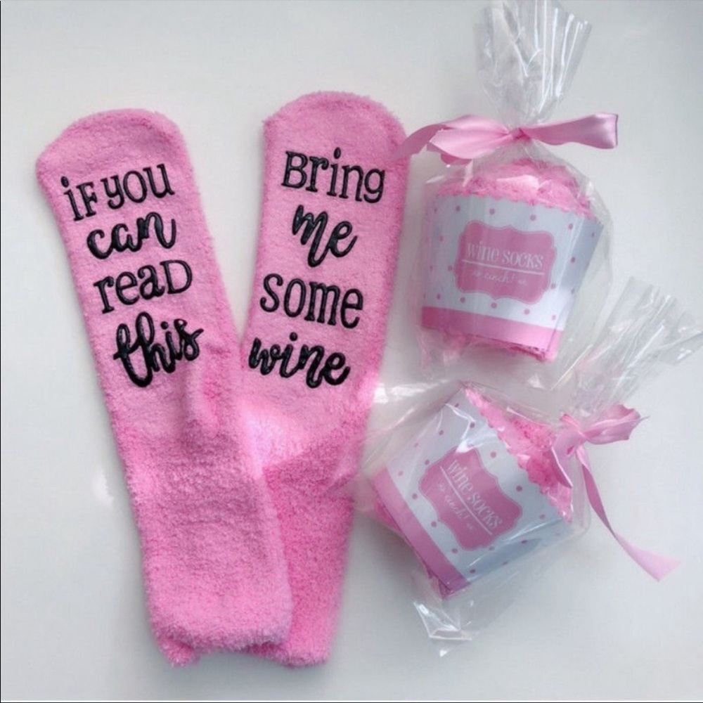 Cupcake “Bring Me Wine” Pink Fuzzy Socks
